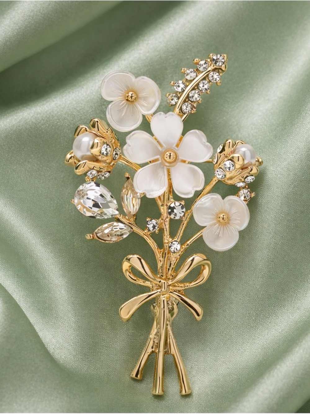 Gold Bouquet White Flower Crystal Brooch